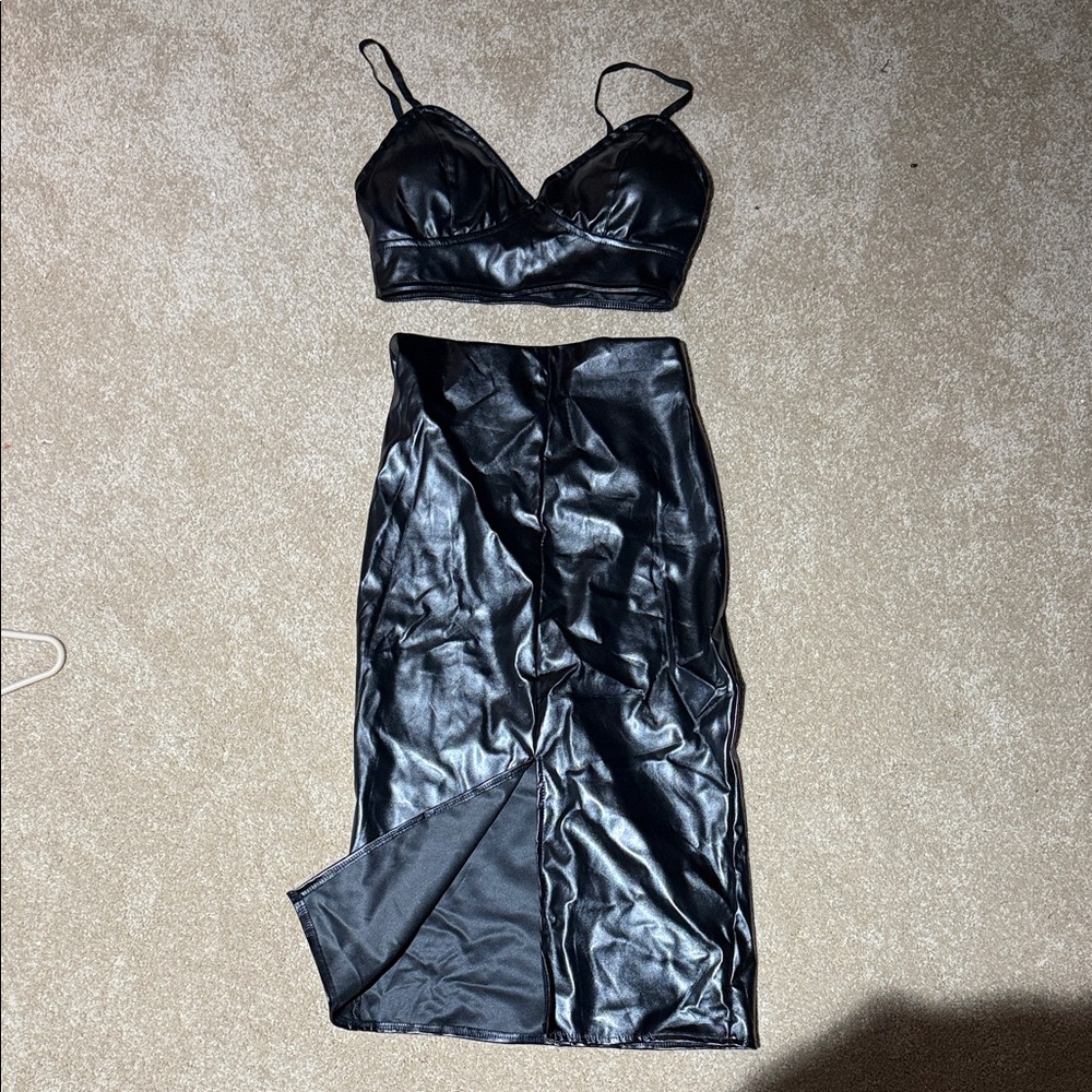 Elegant Black Faux Leather Pencil Skirt Set